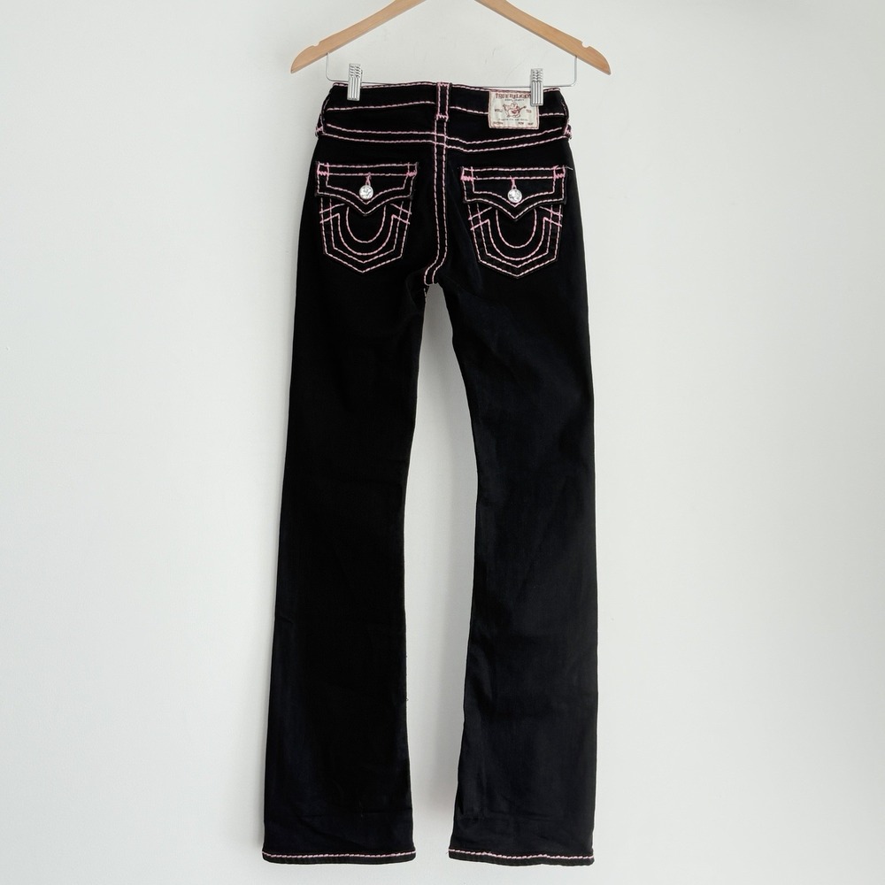 True Religion Bootcut Jeans Womens 26 Black Pink Becca Mid Rise Flap Super T Y2K